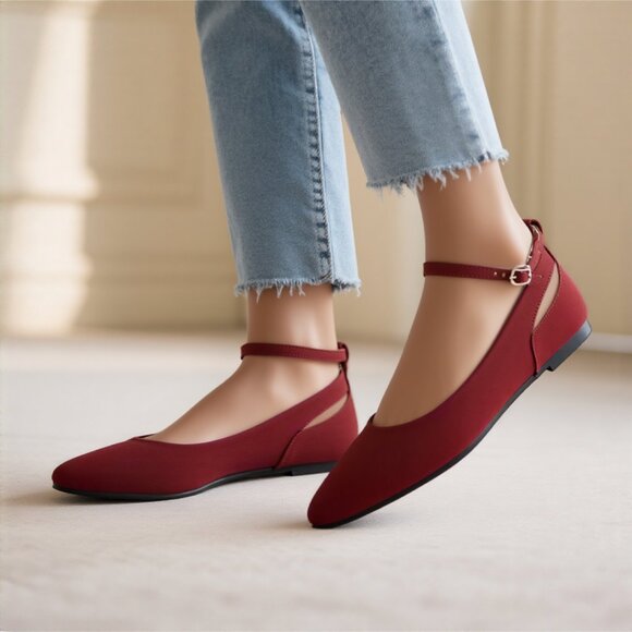 LURNYET Women's WINE NUBUCK Casual Ankle Strap Pointed Toe Ballet Flats Shoes - Picture 3 of 5